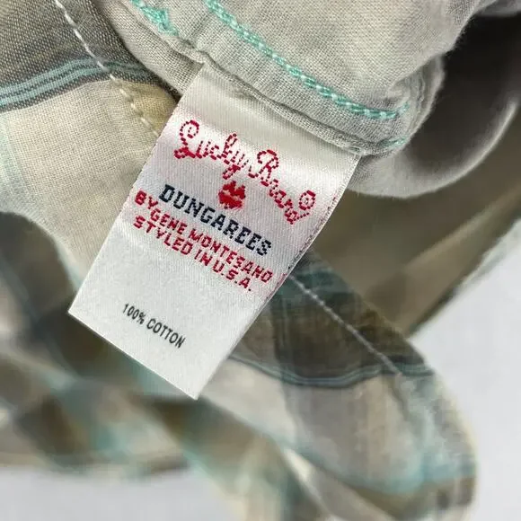 LUCKY BRAND Shirt Mens M Plaid Pearl Snap Front Western Double Layer Cotton Gray - Picture 11 of 15